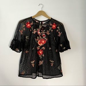 Maeve Black Mesh Top with Floral Embroidery in size M